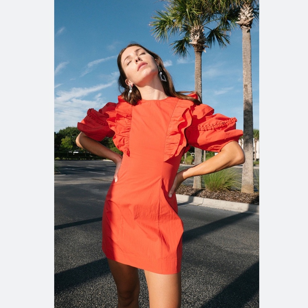 RHODE Coral-Red Ruffle Sleeve Mini Dress